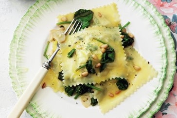 Ricotta & herb ravioli with spinach and pine nuts