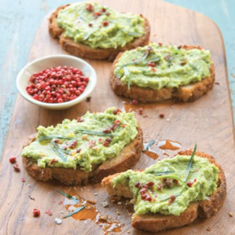 Ricotta & pea crostini with tarragon & pink peppercorns