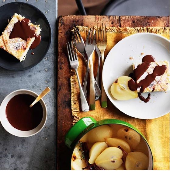 Ricotta, almond and chocolate tarts with poached pears