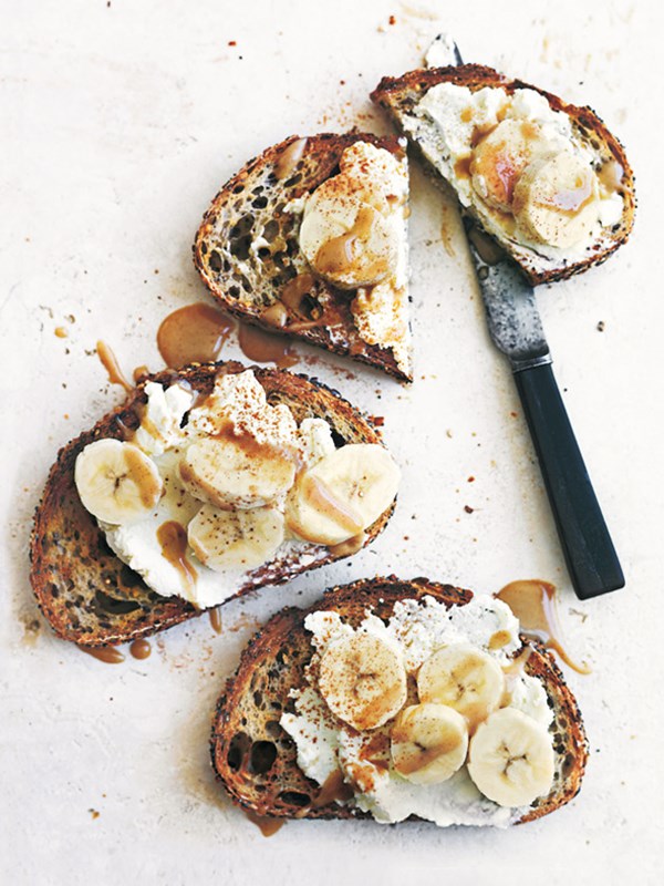 Ricotta and banana toasts with cinnamon tahini
