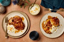 Ricotta and feta pancakes with orange sultanas