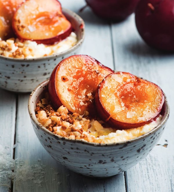 Ricotta and honey roasted plum bowls with crunchy buckwheat