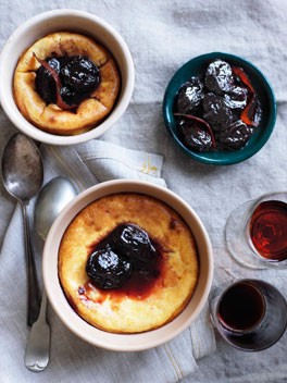 Ricotta and mascarpone puddings with spiced wine prunes