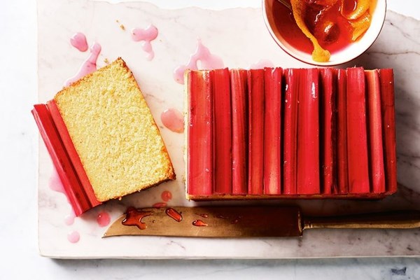 Ricotta and polenta loaf cake with roast rhubarb