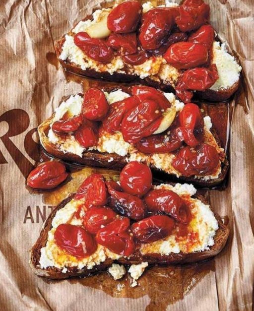 Ricotta and roasted cherry tomato crostini with too much olive oil