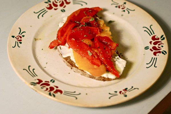Ricotta and roasted pepper tartine