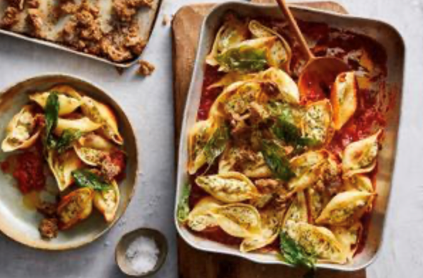Ricotta and salami stuffed shell pasta bake