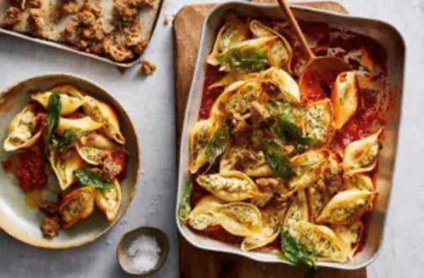 Ricotta and salami stuffed shell pasta bake