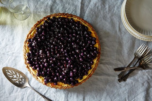 Ricotta custard blueberry tart with nut crescent crust
