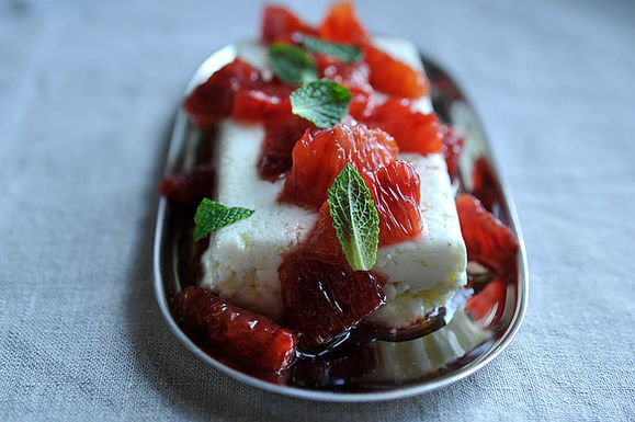 Ricotta, feta and mint layers with honeyed blood oranges