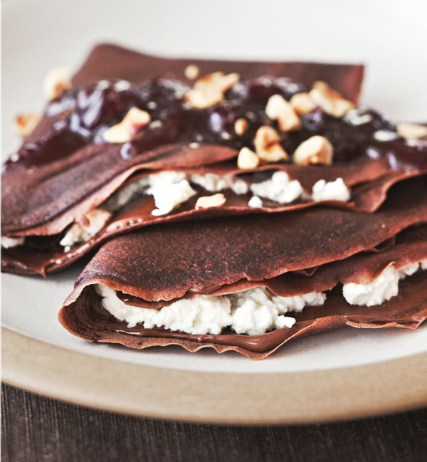Ricotta-filled chocolate crepes with Nutella and sour cherry preserves