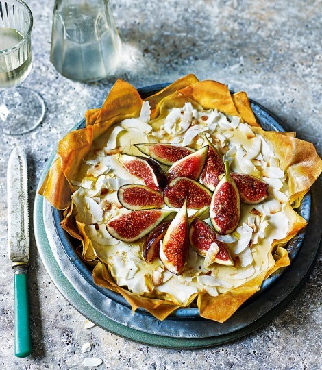 Ricotta filo tart with fig, rum and toasted coconut