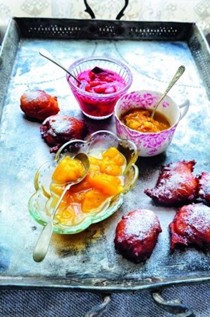 Ricotta fritters with a tricolour of plum compote