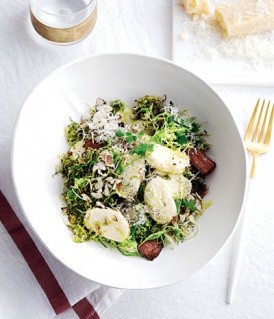Ricotta gnocchi with Brussels sprouts, bacon and almonds