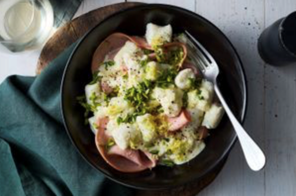 Ricotta gnocchi with mortadella, stracciatella and pistachios