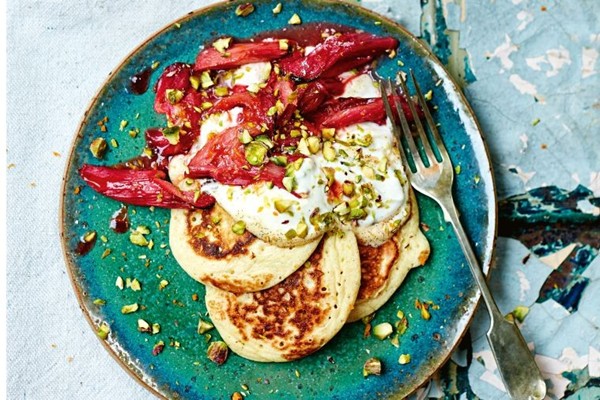 Ricotta hotcakes with roasted rhubarb