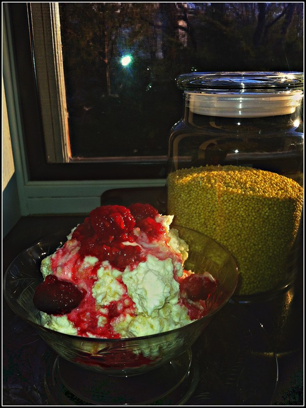 Ricotta millet pudding with warm raspberry compote