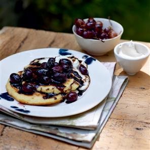 Ricotta pancakes with roast grapes and pomegranate molasses