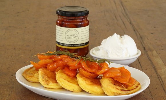 Ricotta pancakes with verjuice rosemary syrup apricots and crème fraiche