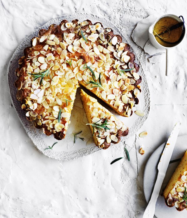 Ricotta-polenta cake with lemon-rosemary syrup