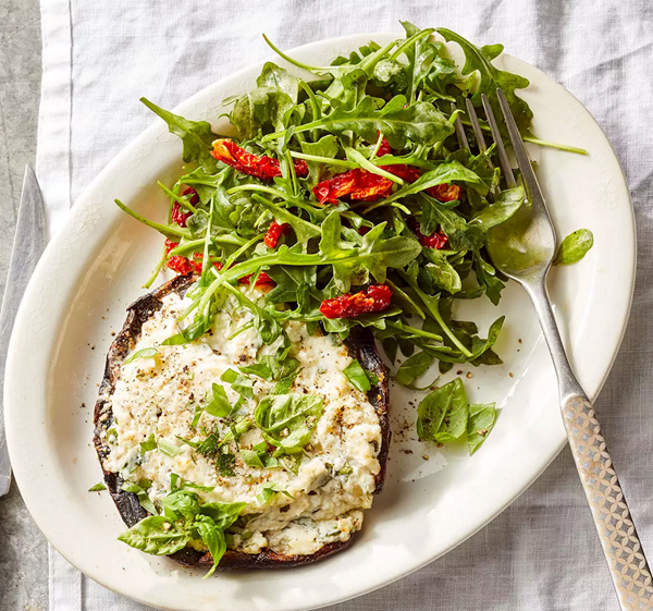 Ricotta-stuffed portobellos with arugula salad
