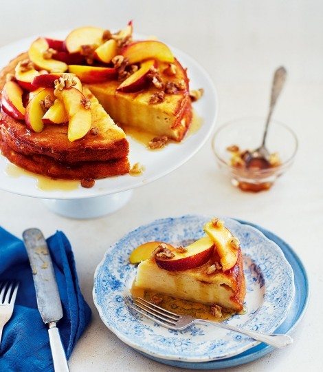 Ricotta torte with nectarines, honey and walnut drizzle