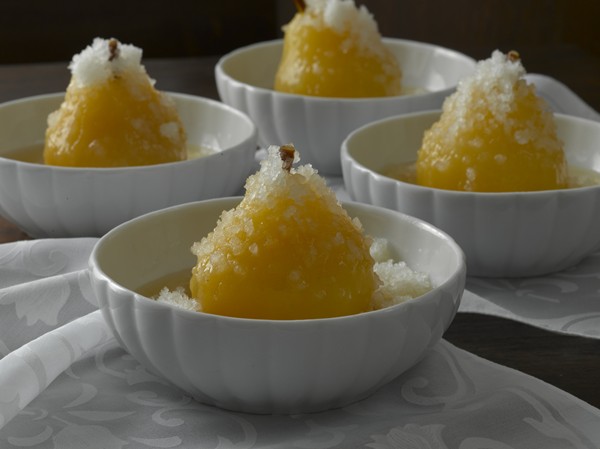 Riesling-poached pears with pear granité