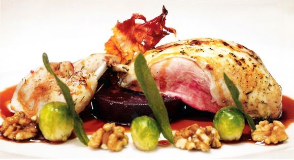 Rievaulx red-legged partridge with a ‘beetroot fondant’, Cumbrian speck, buttered Brussels sprouts and walnuts