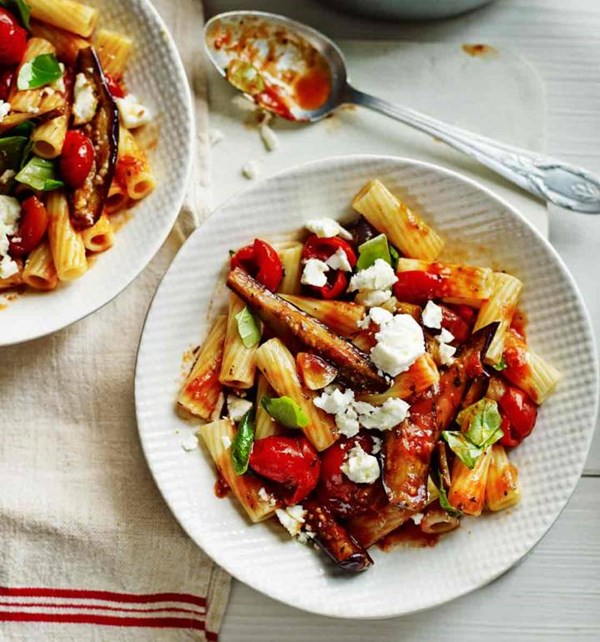 Rigatoni with aubergine, tomato, feta and basil sauce