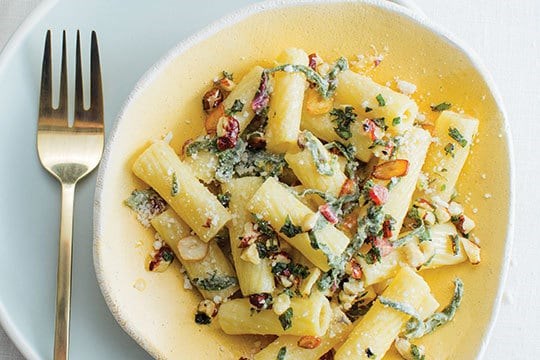 Rigatoni with bitter greens, hazelnuts, and mascarpone