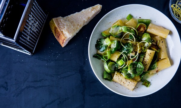 Rigatoni with Brussels sprouts, Parmesan, lemon, and leek
