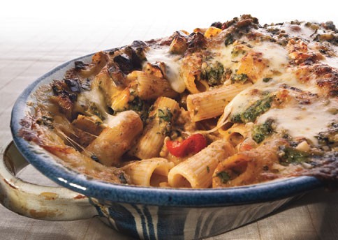 Rigatoni with eggplant and pine nut crunch