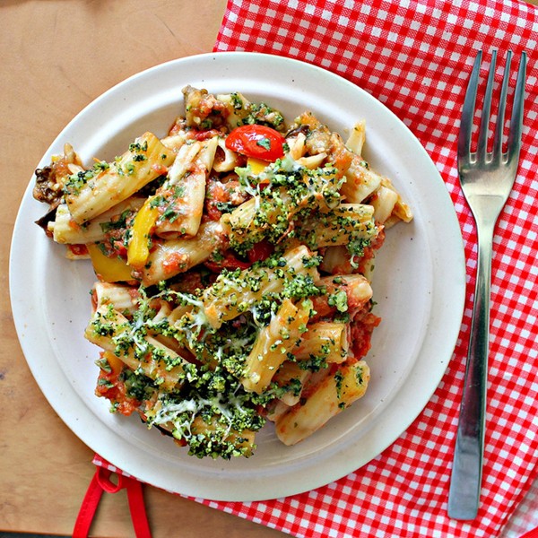 Rigatoni with eggplant and pine nut crunch