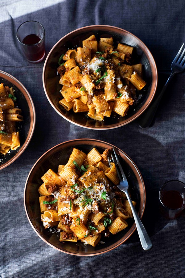 Rigatoni with merguez, ricotta salata, and brown butter