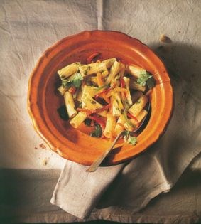 Rigatoni with mixed peppers & cilantro & goat cheese pesto