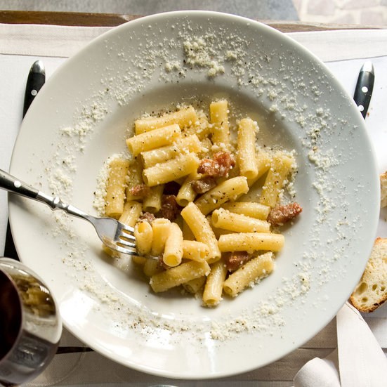 Rigatoni with pecorino and crispy guanciale