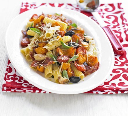 Rigatoni with roasted squash, salami and olive