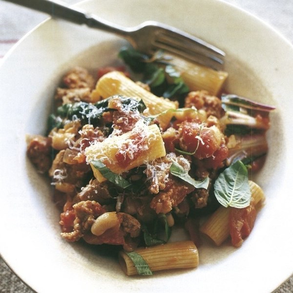 Rigatoni with sausage, cannellini bean, and Swiss chard