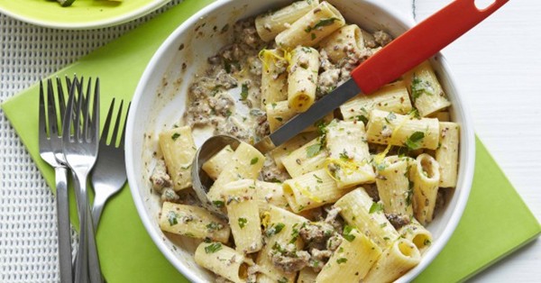 Rigatoni with sausage, lemon and mustard