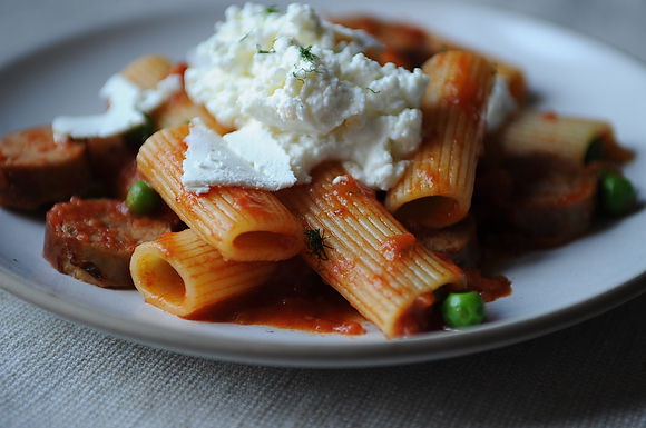 Rigatoni with sausage, peas and fresh ricotta