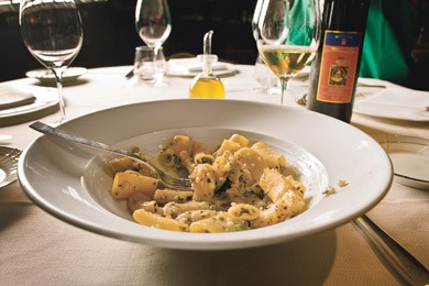Rigatoni with shrimp, calamari, and basil