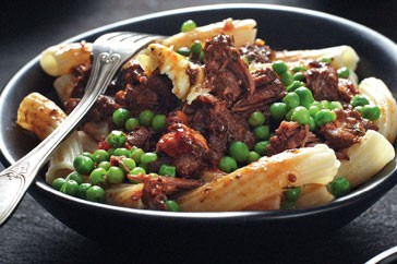 Rigatoni with slow-cooked beef and peas