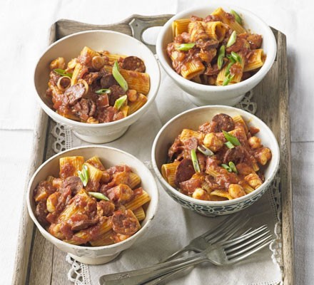 Rigatoni with spiced prawns, tomatoes & chorizo
