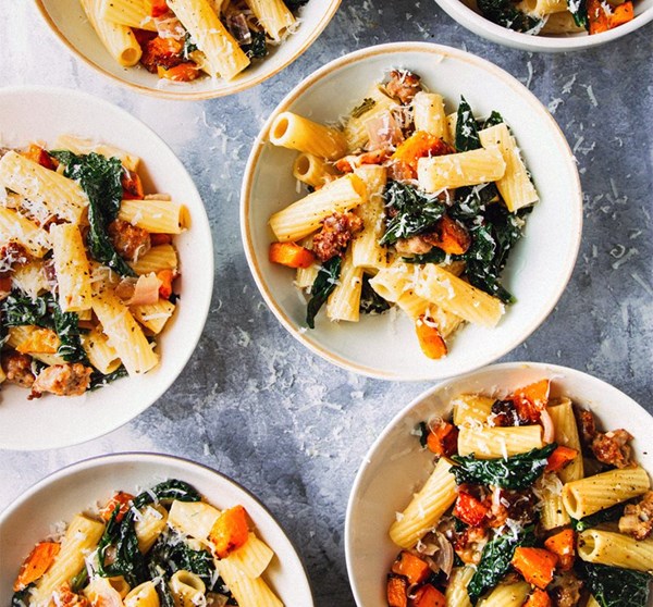 Rigatoni with winter squash, sausage, and kale (Rigatoni con zucca, salsiccia, e cavolo nero)