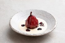 Rioja poached pears and blackberries with bay leaf custard
