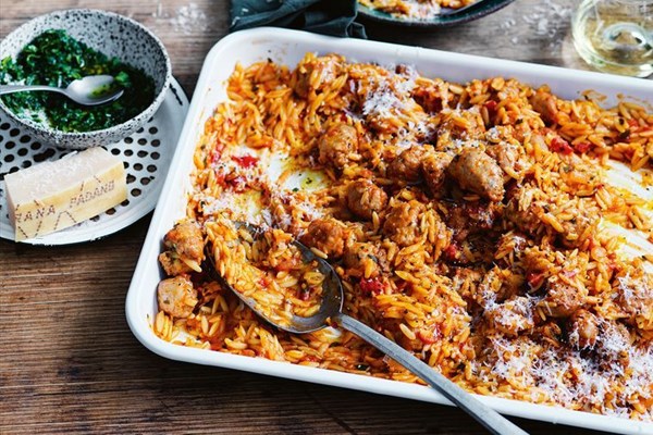 Risoni with pork and fennel meatballs in tomato sauce