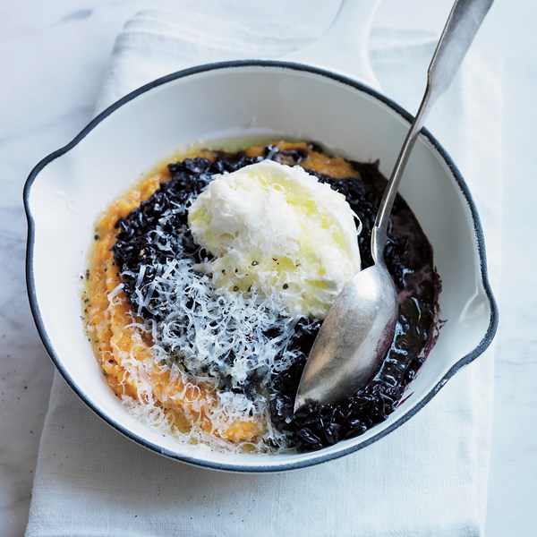 Risotto nero with squash & burrata [Nancy Oakes]