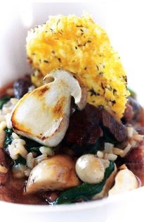 Risotto of Rievaulx red-legged partridge with penny bun mushrooms, wilted ‘matador’ garden spinach and Doddington’s cheese and thyme wafer