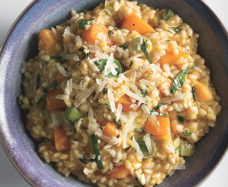 Risotto with butternut squash, leeks, and basil