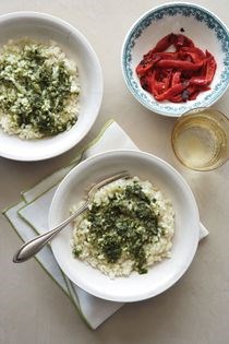 Risotto with fresh tomatoes, peas, and porcini